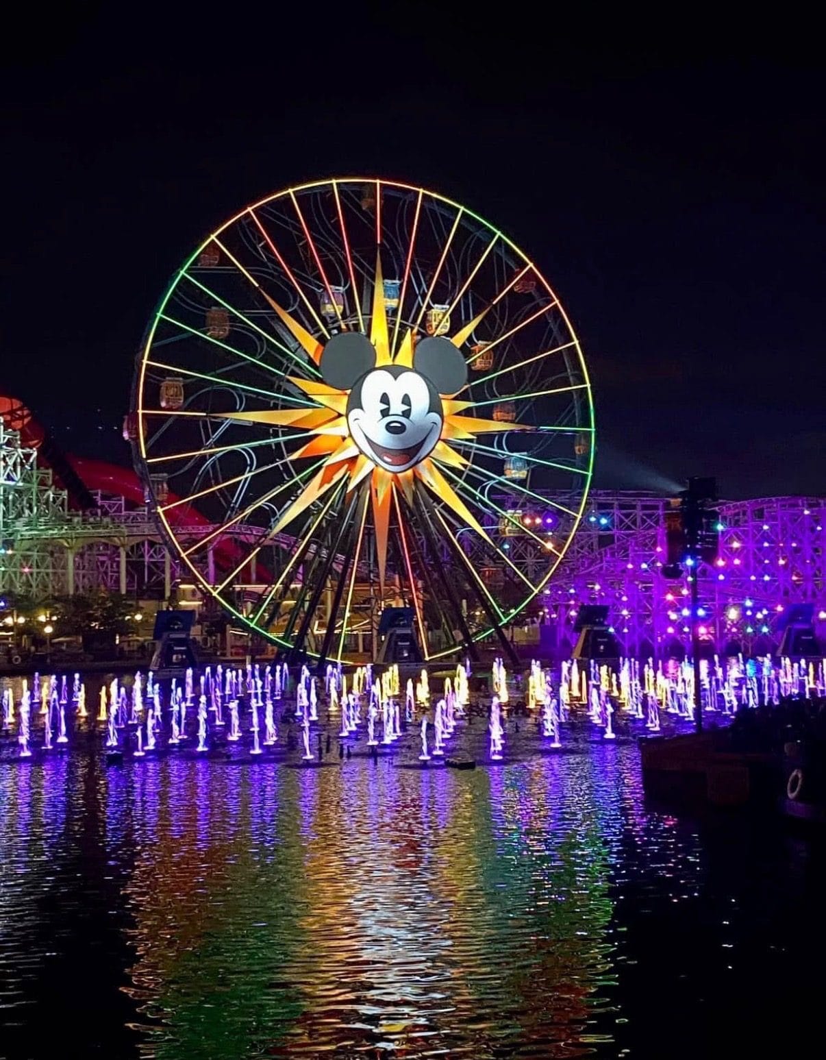 Pixar Pal-A-Round wheel at night at Disney California Adventure